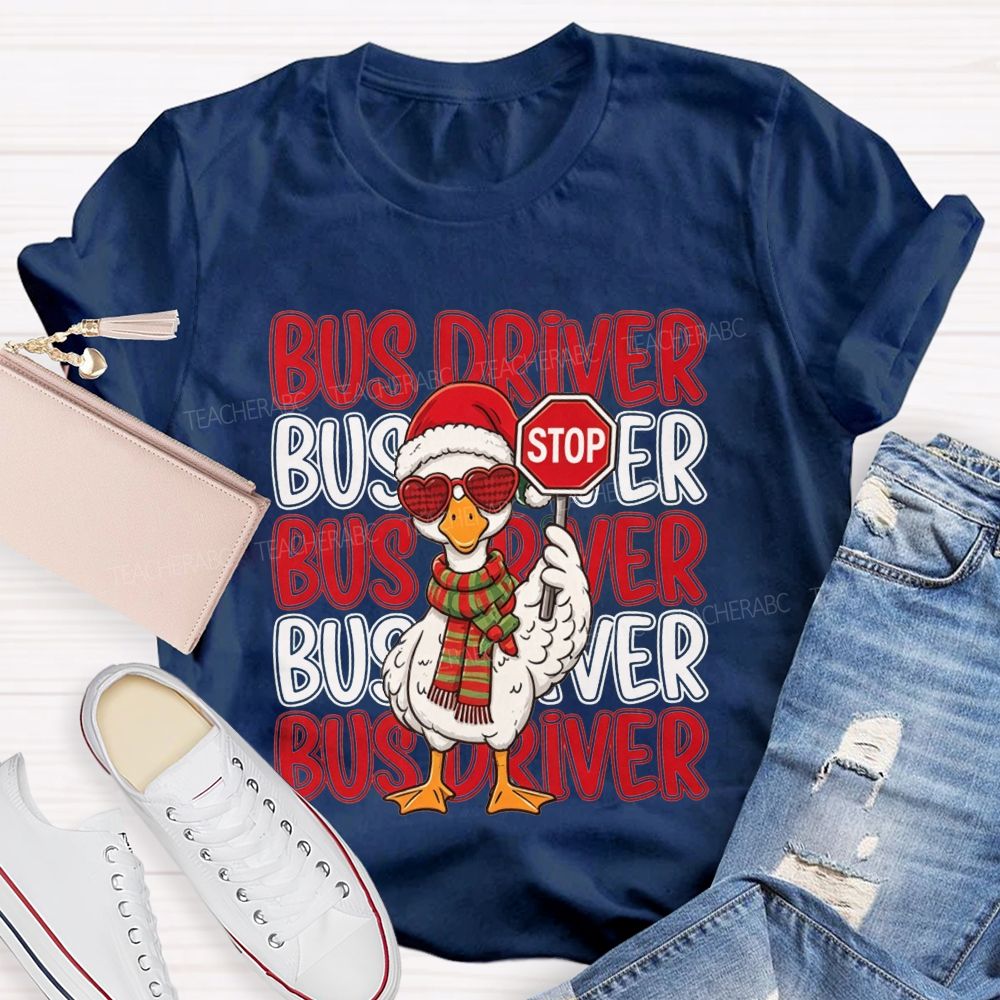 Bus Driver Christmas Duck Santa Duck Holding Stop T-shirt