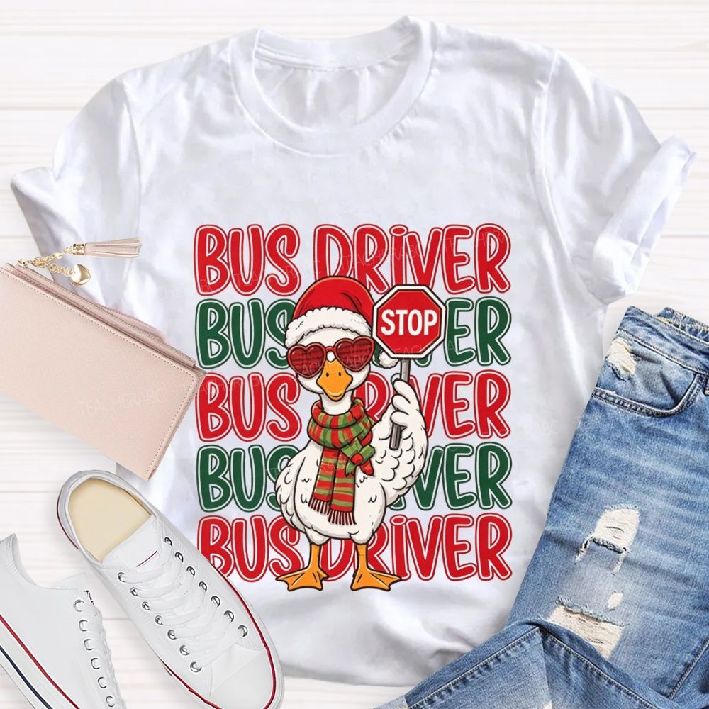 Bus Driver Christmas Duck Santa Duck Holding Stop T-shirt