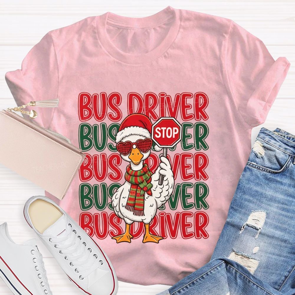 Bus Driver Christmas Duck Santa Duck Holding Stop T-shirt