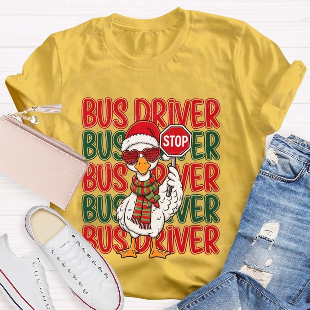 Bus Driver Christmas Duck Santa Duck Holding Stop T-shirt