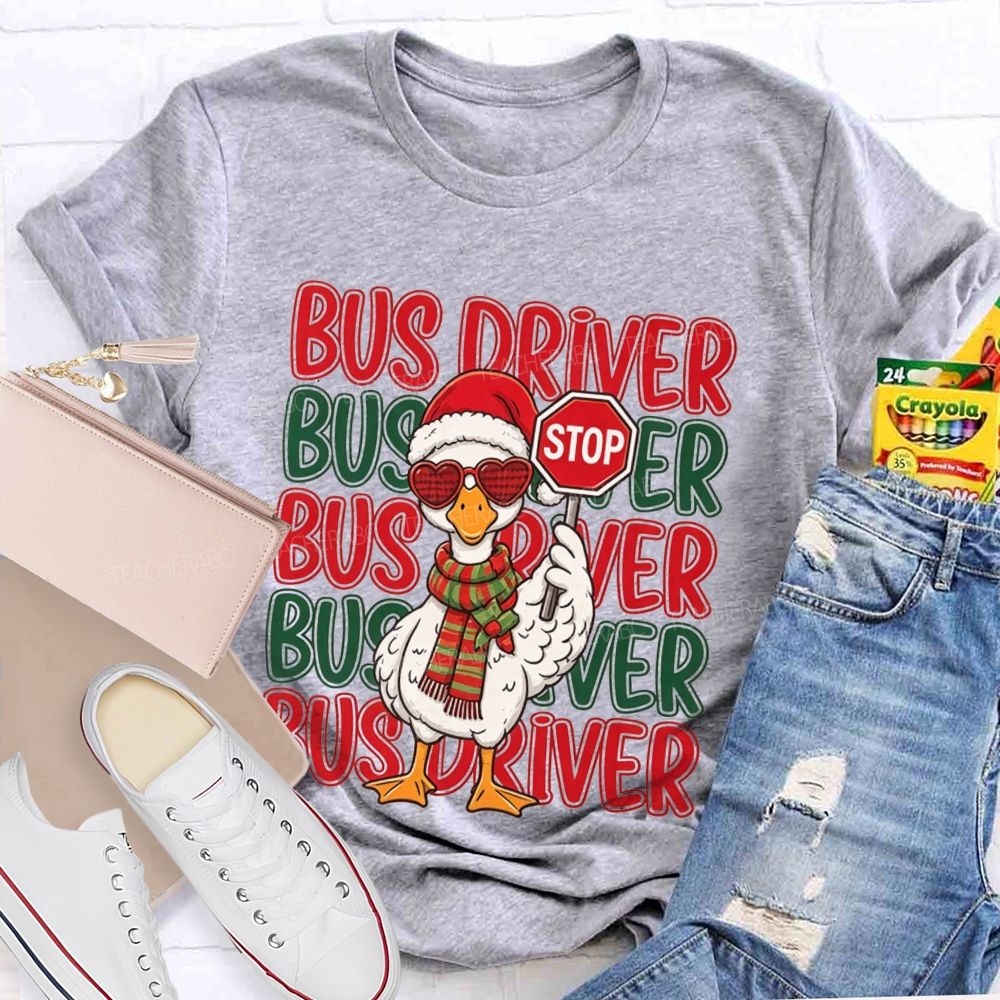 Bus Driver Christmas Duck Santa Duck Holding Stop T-shirt