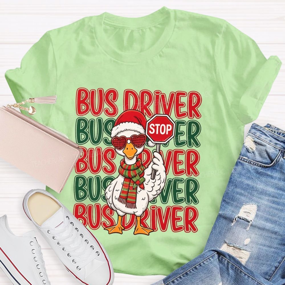 Bus Driver Christmas Duck Santa Duck Holding Stop T-shirt