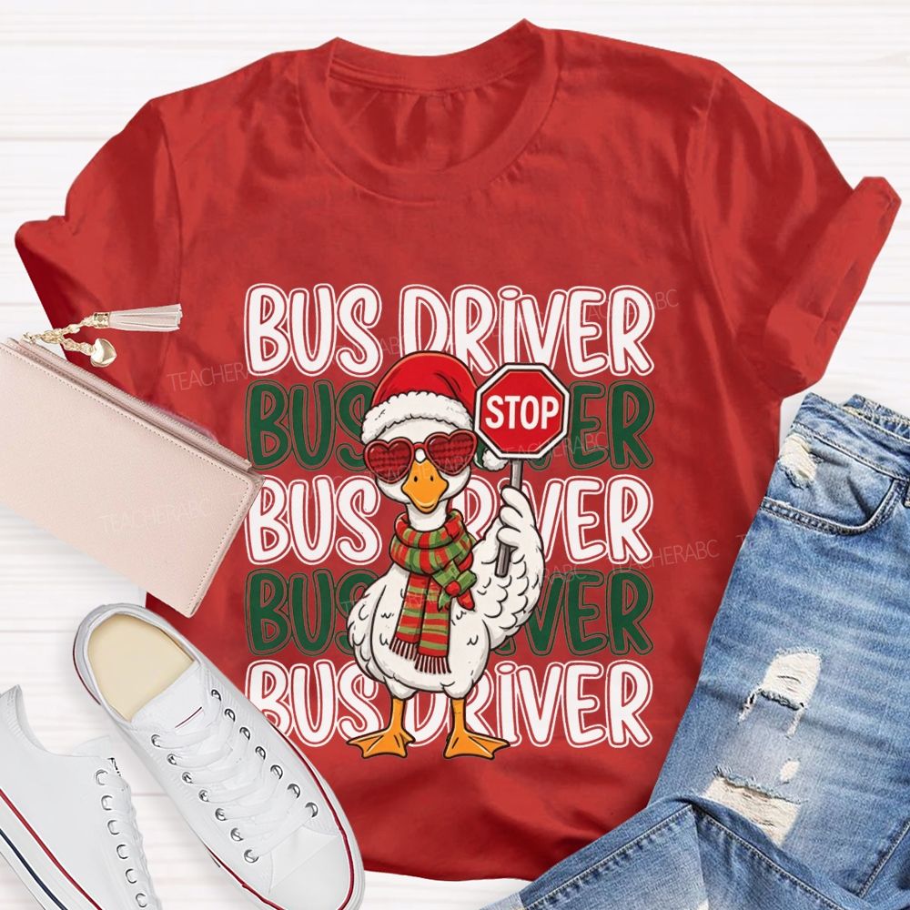 Bus Driver Christmas Duck Santa Duck Holding Stop T-shirt