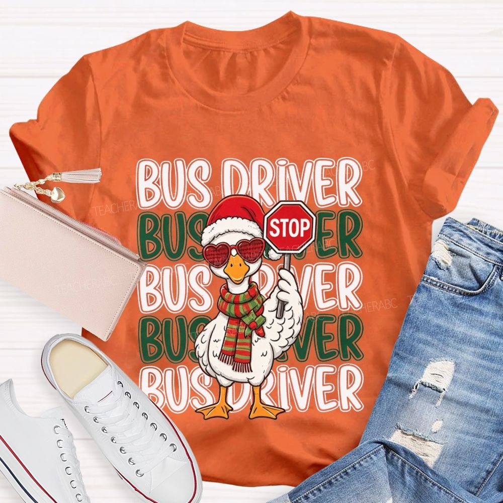 Bus Driver Christmas Duck Santa Duck Holding Stop T-shirt