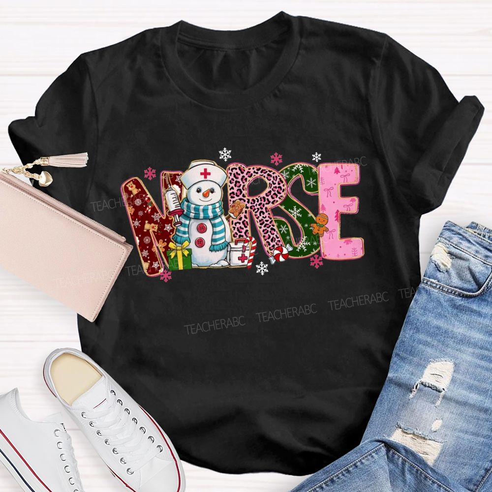 Christmas Nurse Snowman Leopard Print T-shirt