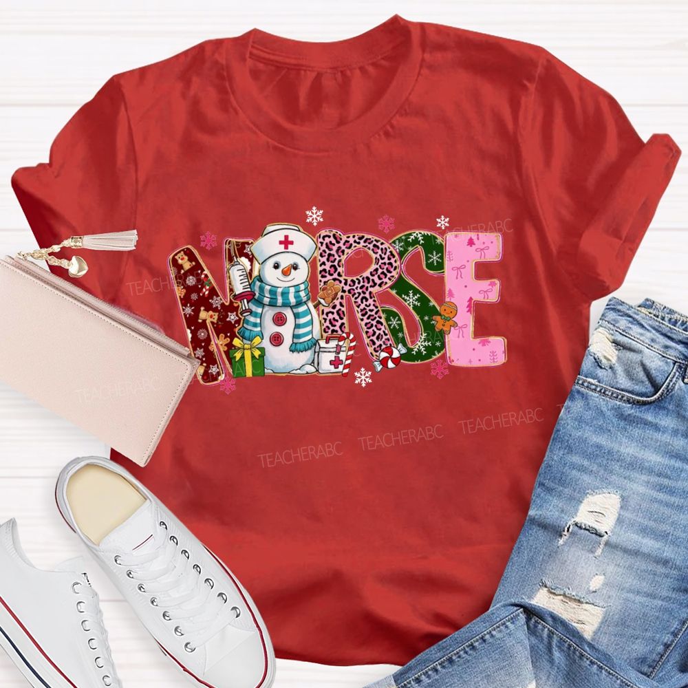 Christmas Nurse Snowman Leopard Print T-shirt