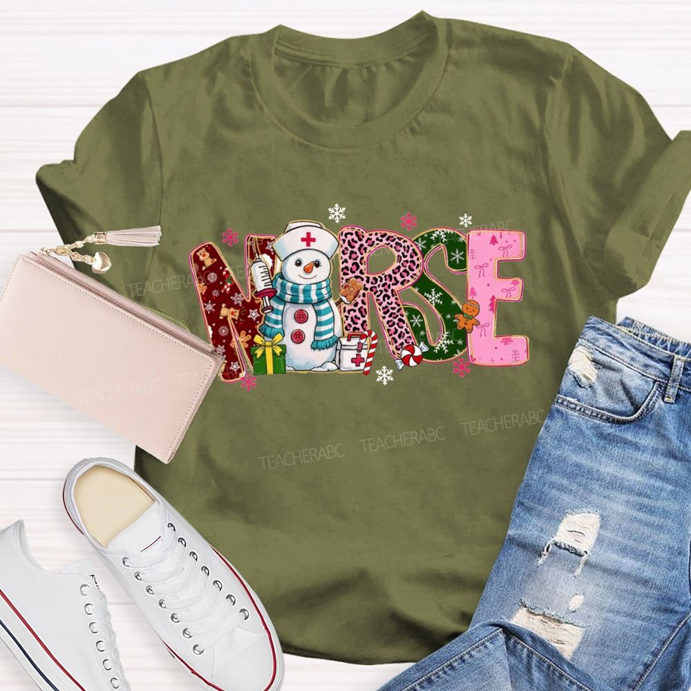 Christmas Nurse Snowman Leopard Print T-shirt