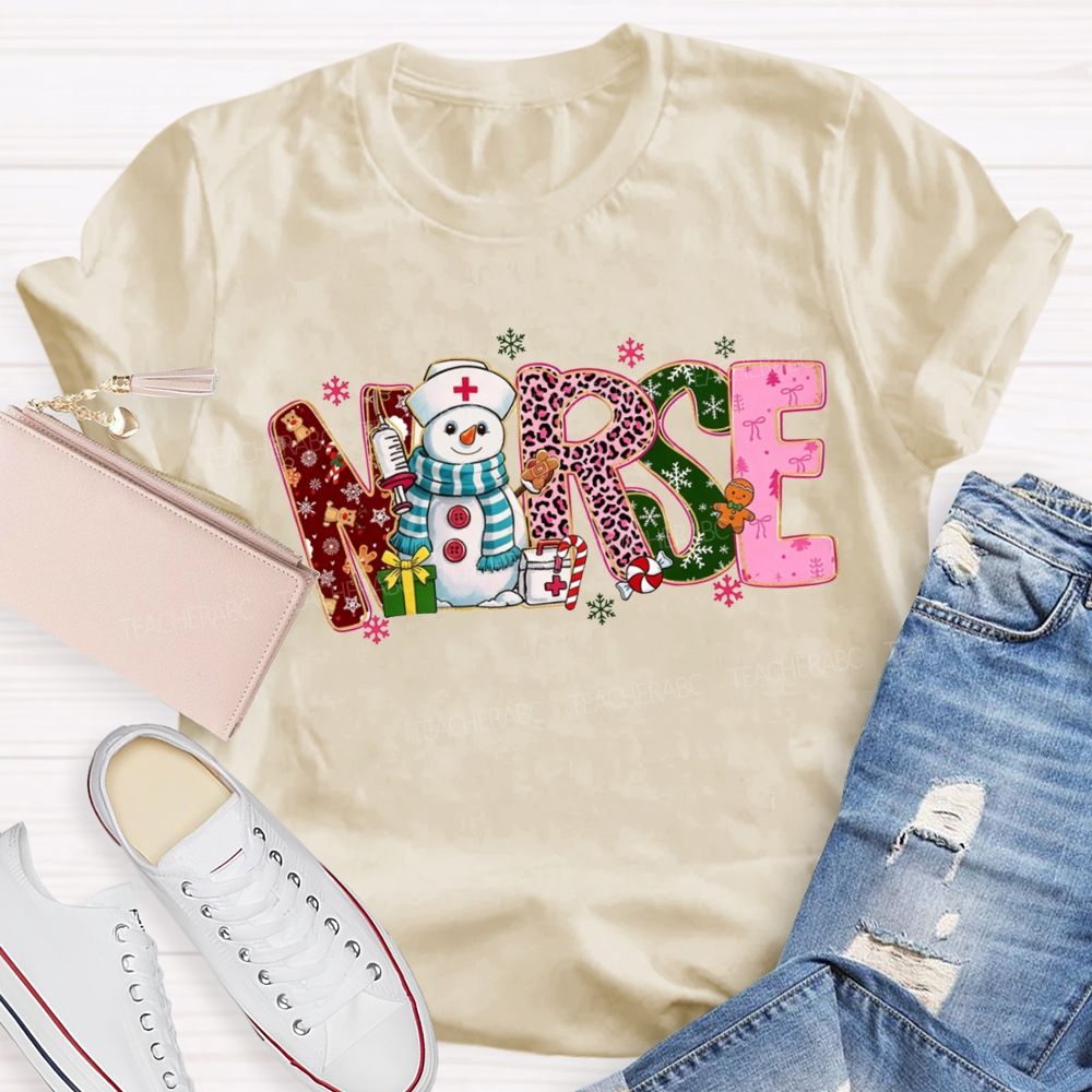 Christmas Nurse Snowman Leopard Print T-shirt