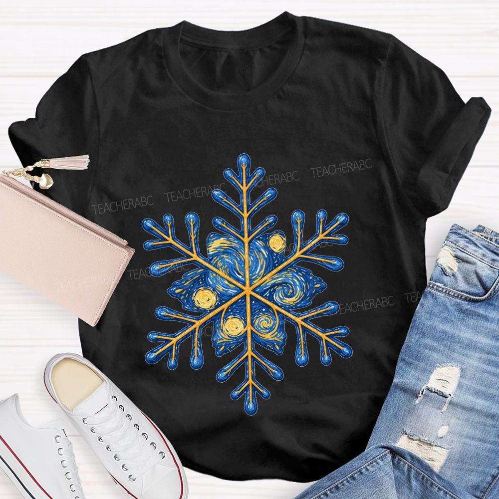 Blue Sky Artistic Snowflakes Teacher T-shirt