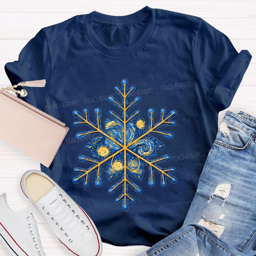 Blue Sky Artistic Snowflakes Teacher T-shirt