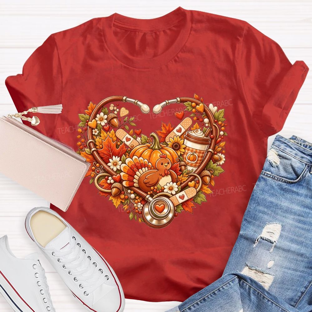Fall Nurse Stethoscope Heart Thanksgiving Teacher T-shirt
