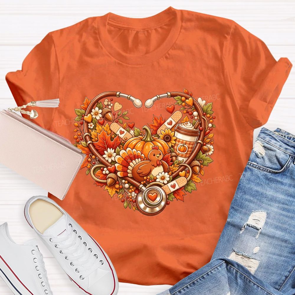 Fall Nurse Stethoscope Heart Thanksgiving Teacher T-shirt