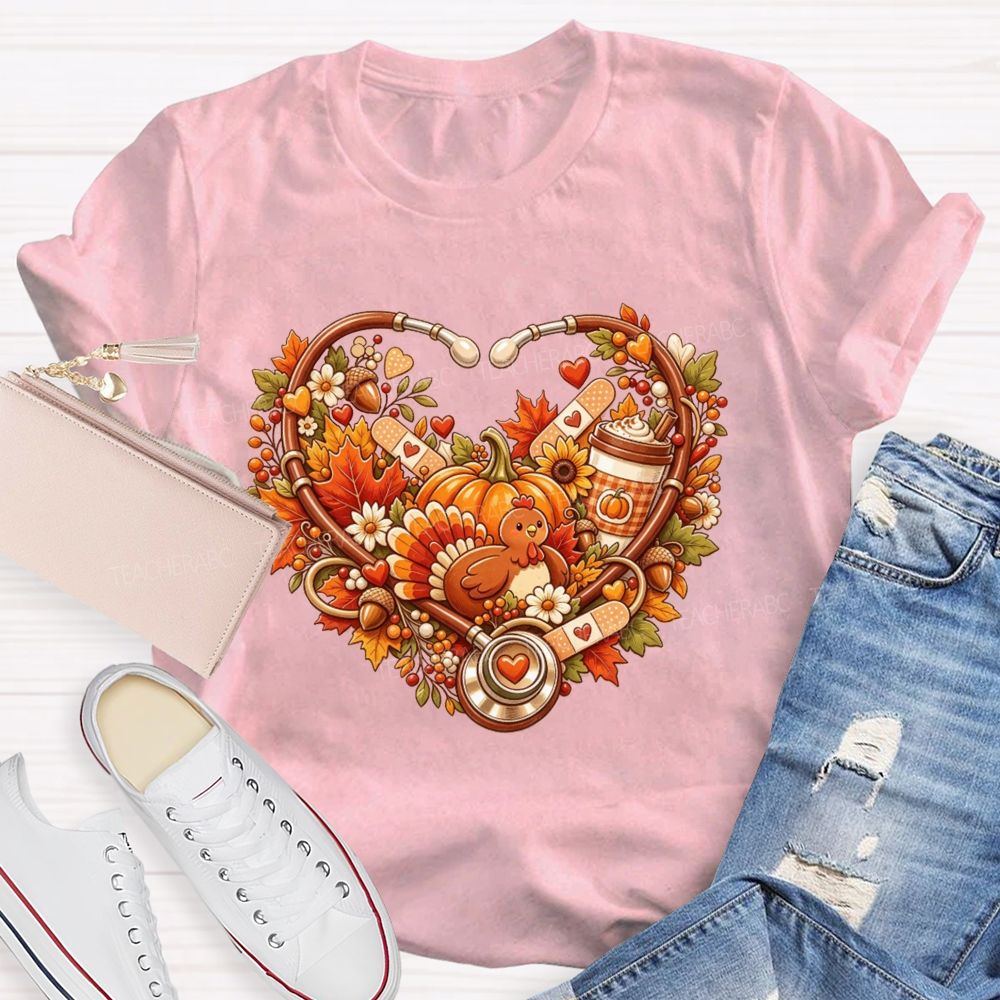Fall Nurse Stethoscope Heart Thanksgiving Teacher T-shirt