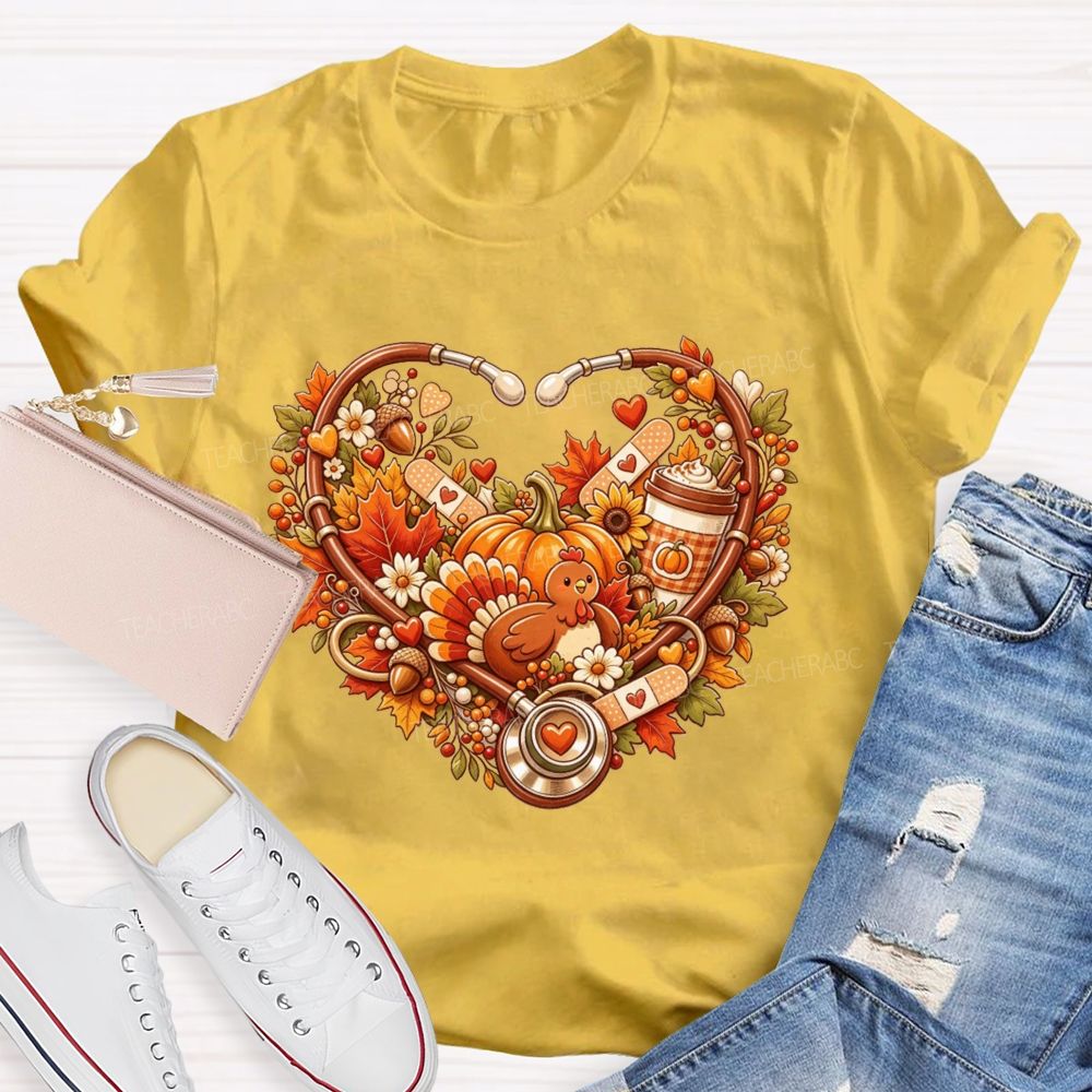 Fall Nurse Stethoscope Heart Thanksgiving Teacher T-shirt