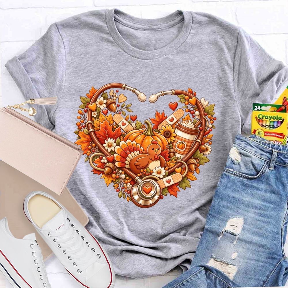 Fall Nurse Stethoscope Heart Thanksgiving Teacher T-shirt