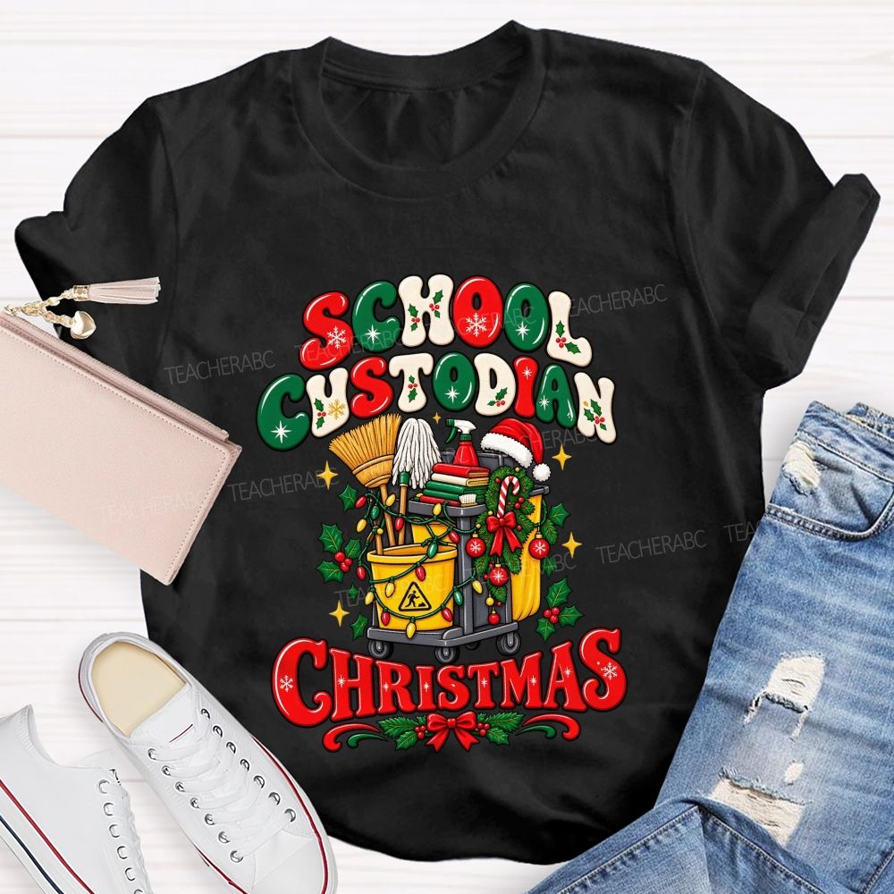 School Custodian Christmas Cleaning Supplies Santa Hat Holly T-shirt