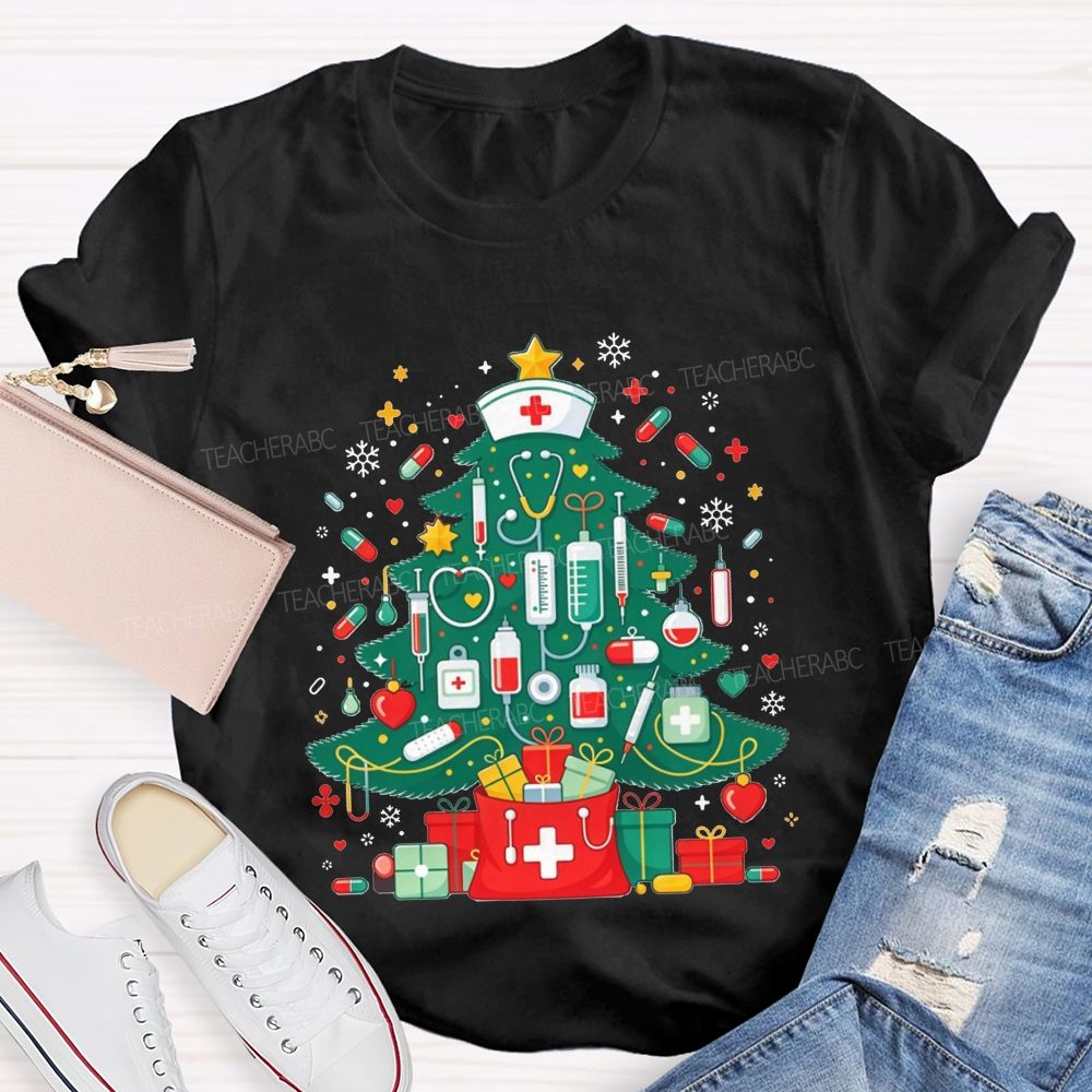 School Nurse Medical Christmas Tree Stethoscope Syringe Holiday T-shirt