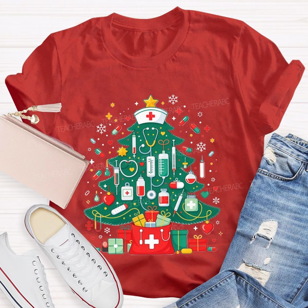 School Nurse Medical Christmas Tree Stethoscope Syringe Holiday T-shirt