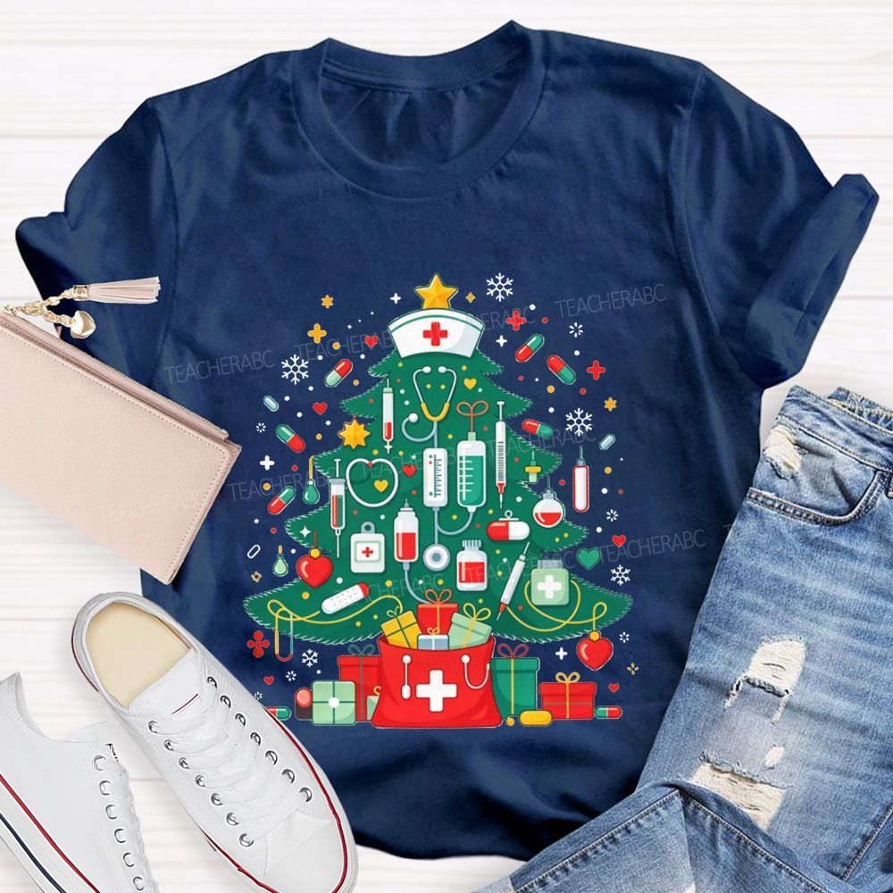 School Nurse Medical Christmas Tree Stethoscope Syringe Holiday T-shirt