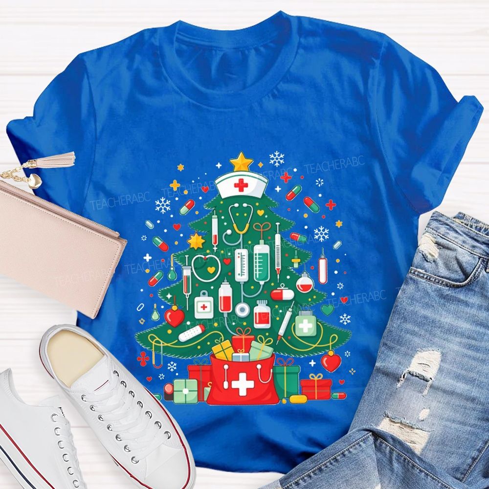 School Nurse Medical Christmas Tree Stethoscope Syringe Holiday T-shirt