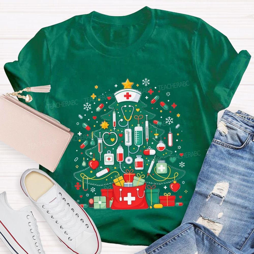 School Nurse Medical Christmas Tree Stethoscope Syringe Holiday T-shirt