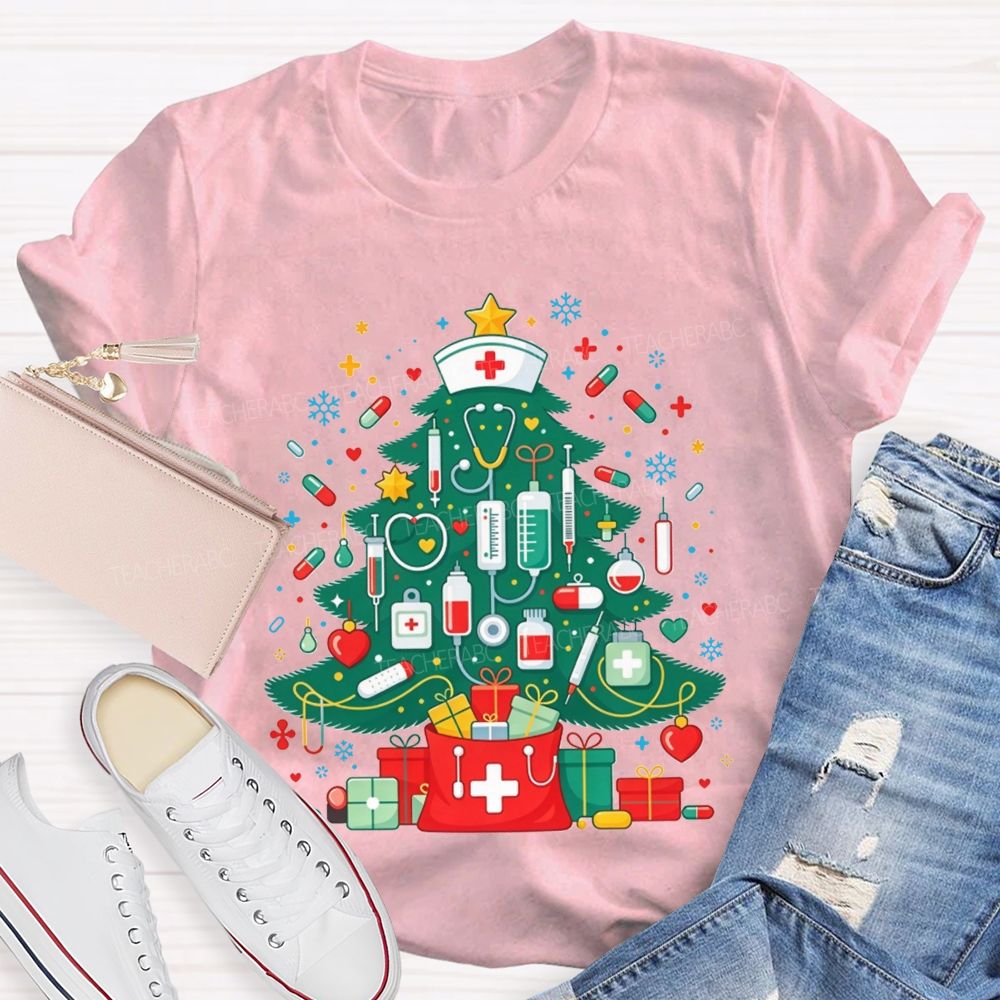 School Nurse Medical Christmas Tree Stethoscope Syringe Holiday T-shirt