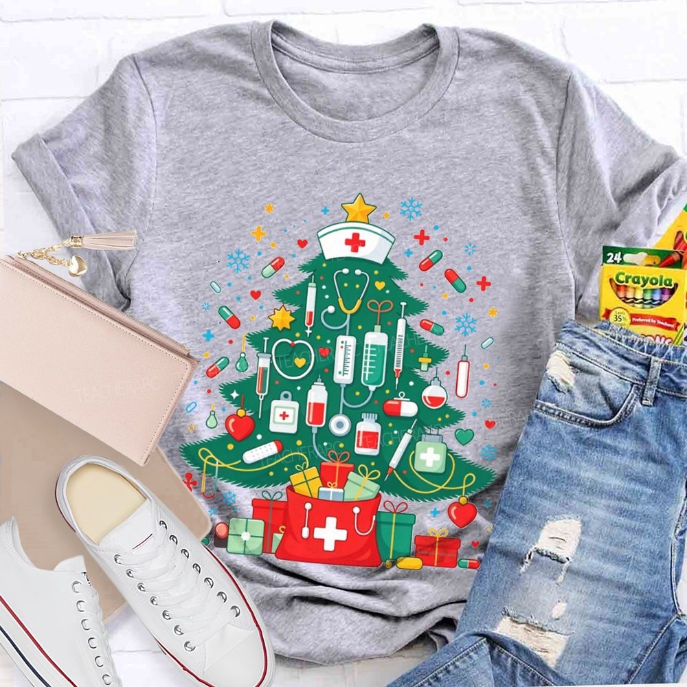 School Nurse Medical Christmas Tree Stethoscope Syringe Holiday T-shirt