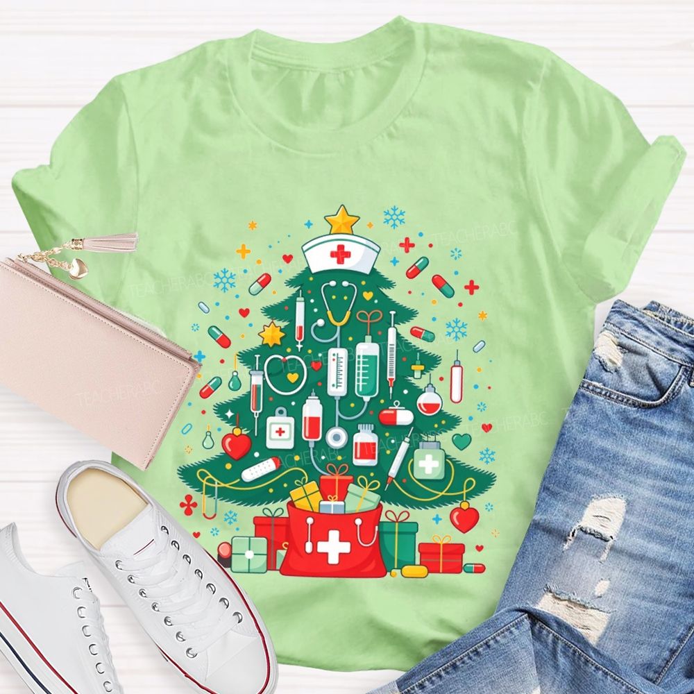 School Nurse Medical Christmas Tree Stethoscope Syringe Holiday T-shirt