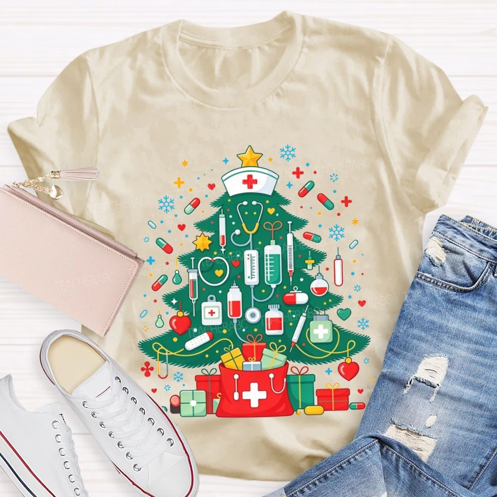 School Nurse Medical Christmas Tree Stethoscope Syringe Holiday T-shirt