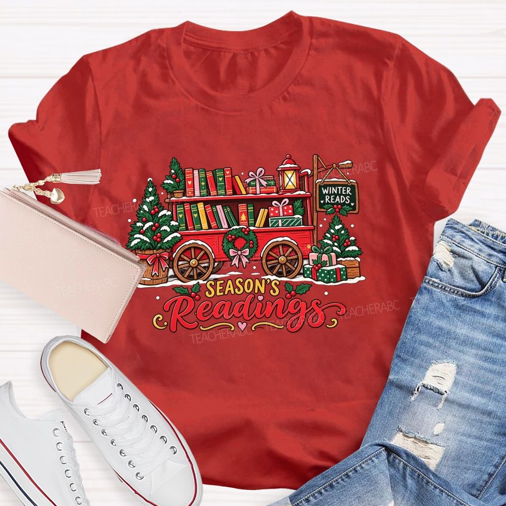 Season's Readings Book Wagon Christmas Teacher T-shirt