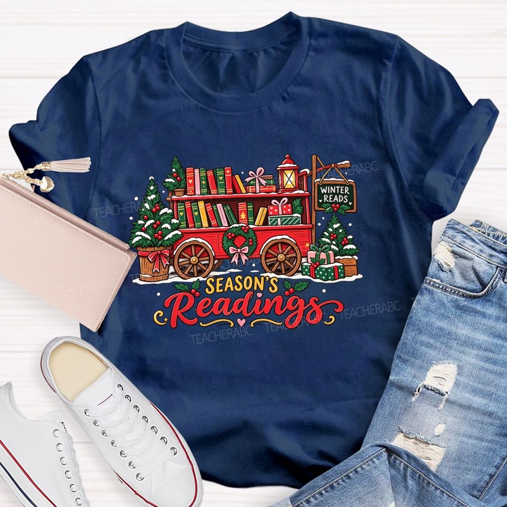 Season's Readings Book Wagon Christmas Teacher T-shirt