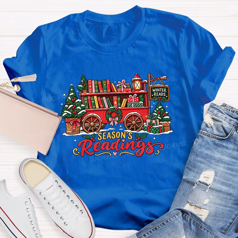 Season's Readings Book Wagon Christmas Teacher T-shirt