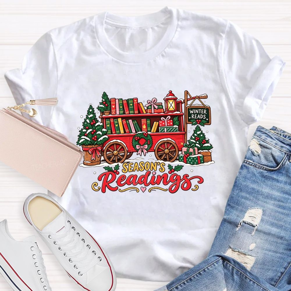 Season's Readings Book Wagon Christmas Teacher T-shirt