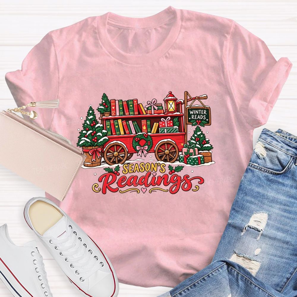 Season's Readings Book Wagon Christmas Teacher T-shirt
