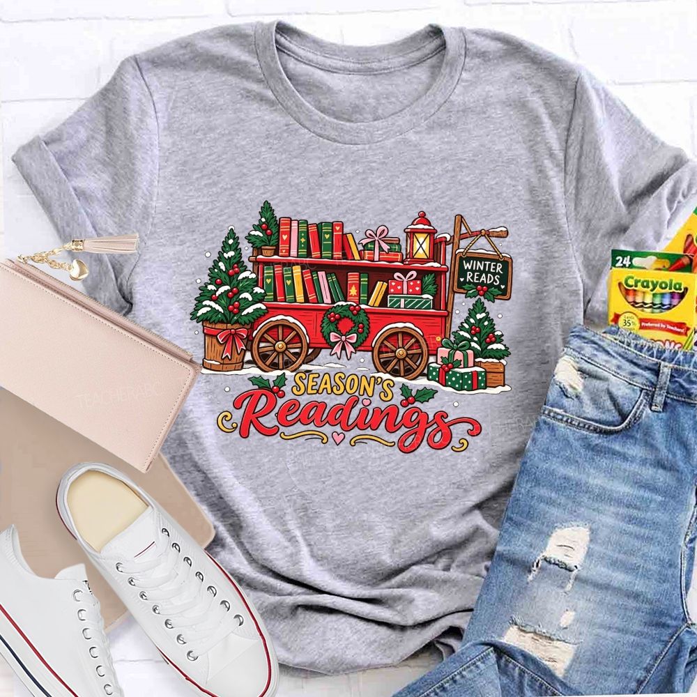 Season's Readings Book Wagon Christmas Teacher T-shirt