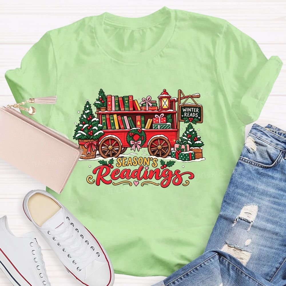 Season's Readings Book Wagon Christmas Teacher T-shirt