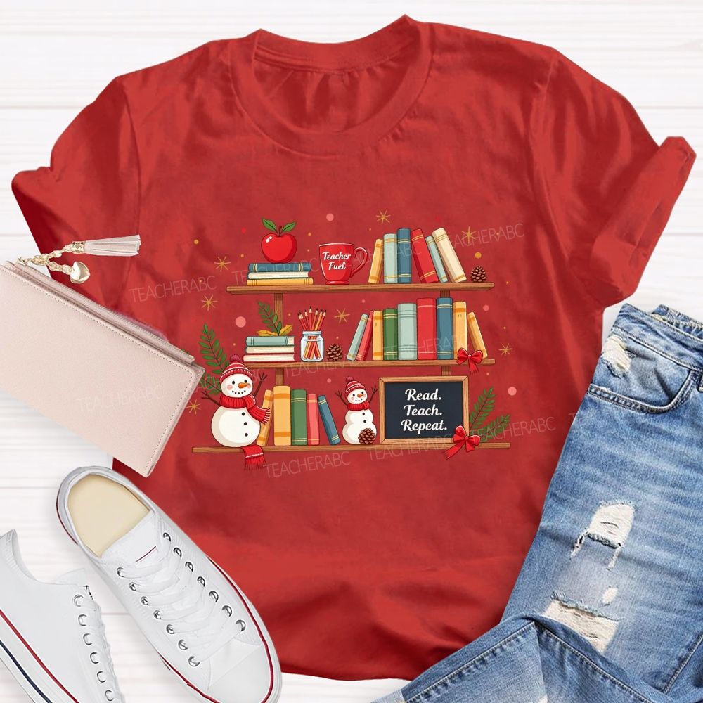 Read Teach Repeat Teacher Christmas Bookshelf Snowman Winter Teacher T-shirt