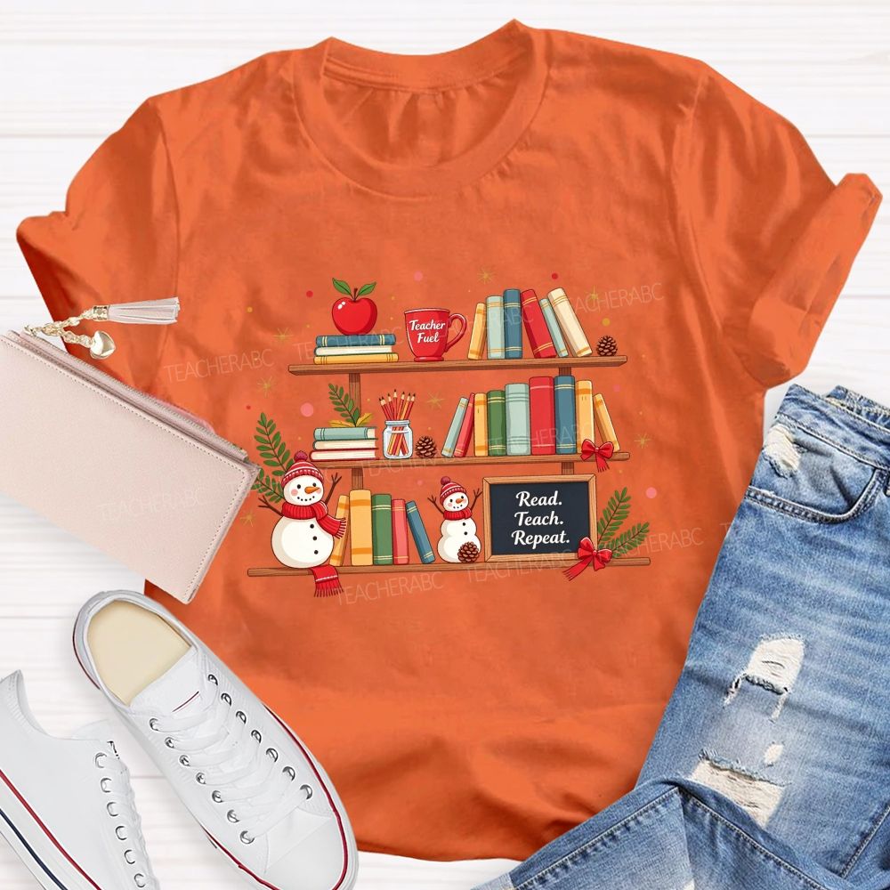 Read Teach Repeat Teacher Christmas Bookshelf Snowman Winter Teacher T-shirt