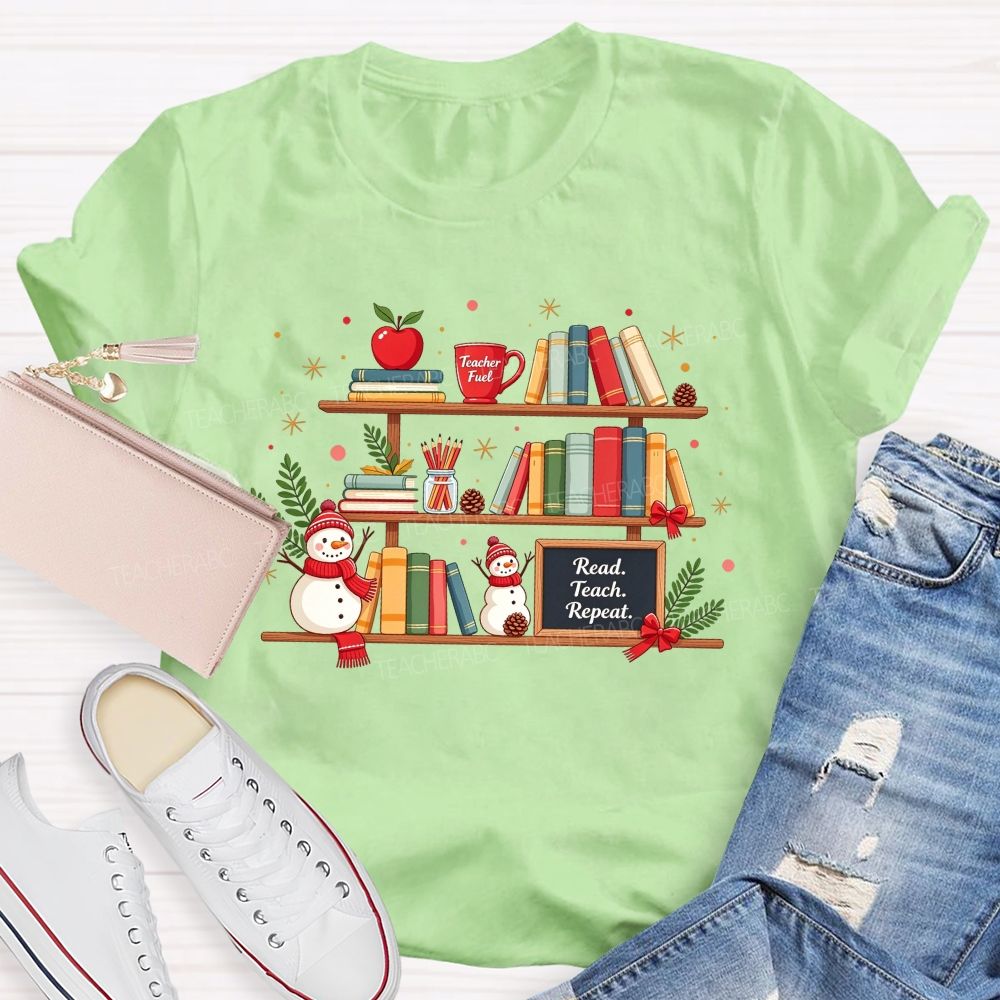 Read Teach Repeat Teacher Christmas Bookshelf Snowman Winter Teacher T-shirt