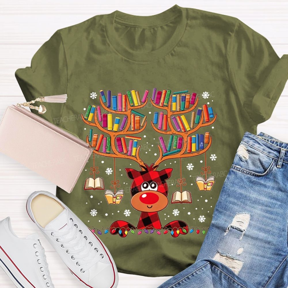 Reading Reindeer Holiday Vibes Book Lover Christmas Teacher T-shirt