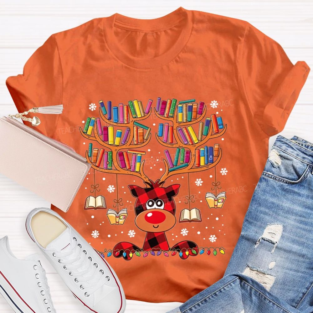 Reading Reindeer Holiday Vibes Book Lover Christmas Teacher T-shirt