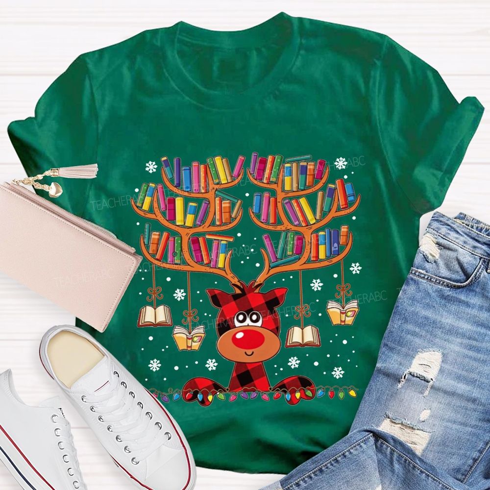 Reading Reindeer Holiday Vibes Book Lover Christmas Teacher T-shirt