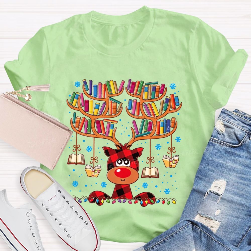 Reading Reindeer Holiday Vibes Book Lover Christmas Teacher T-shirt