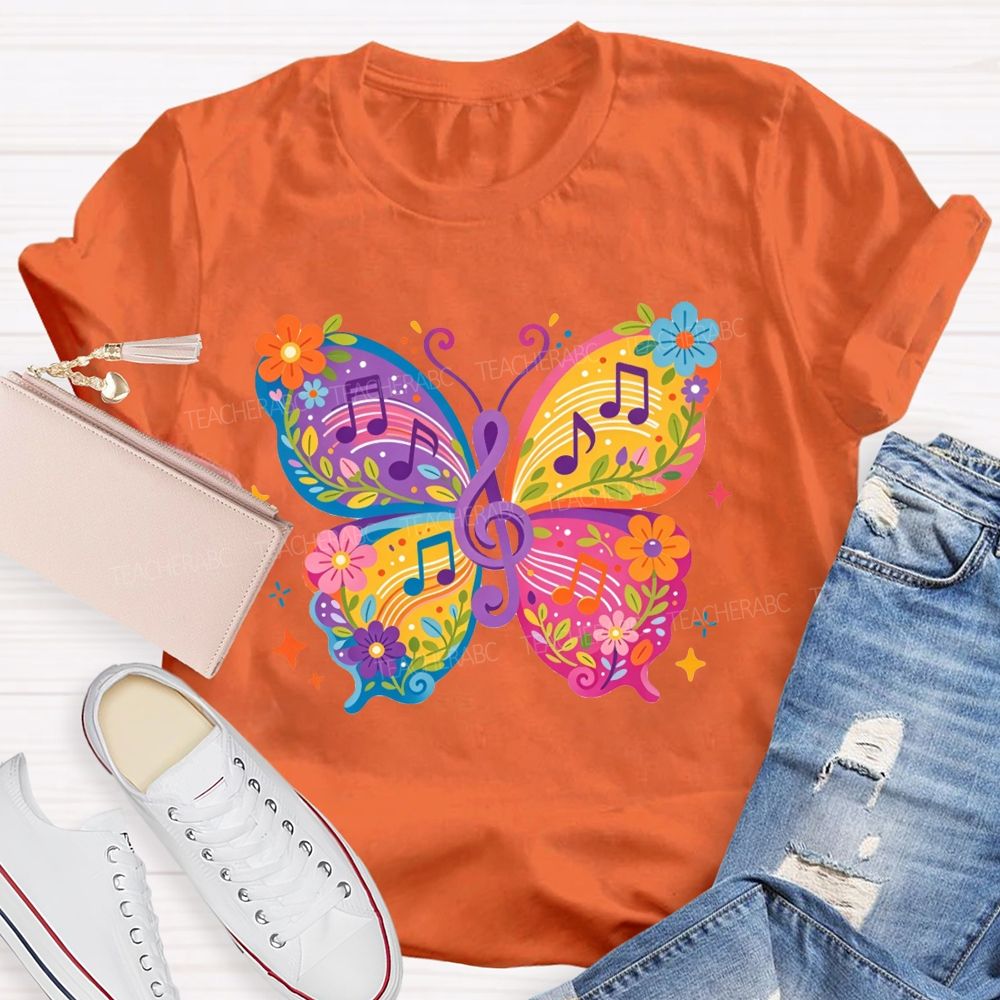 Colorful Floral Butterfly With Music Notes Graphic Music Teacher T-shirt