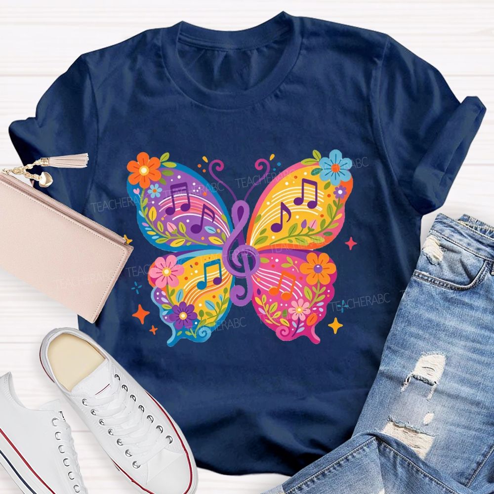 Colorful Floral Butterfly With Music Notes Graphic Music Teacher T-shirt