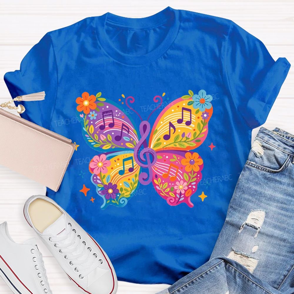 Colorful Floral Butterfly With Music Notes Graphic Music Teacher T-shirt