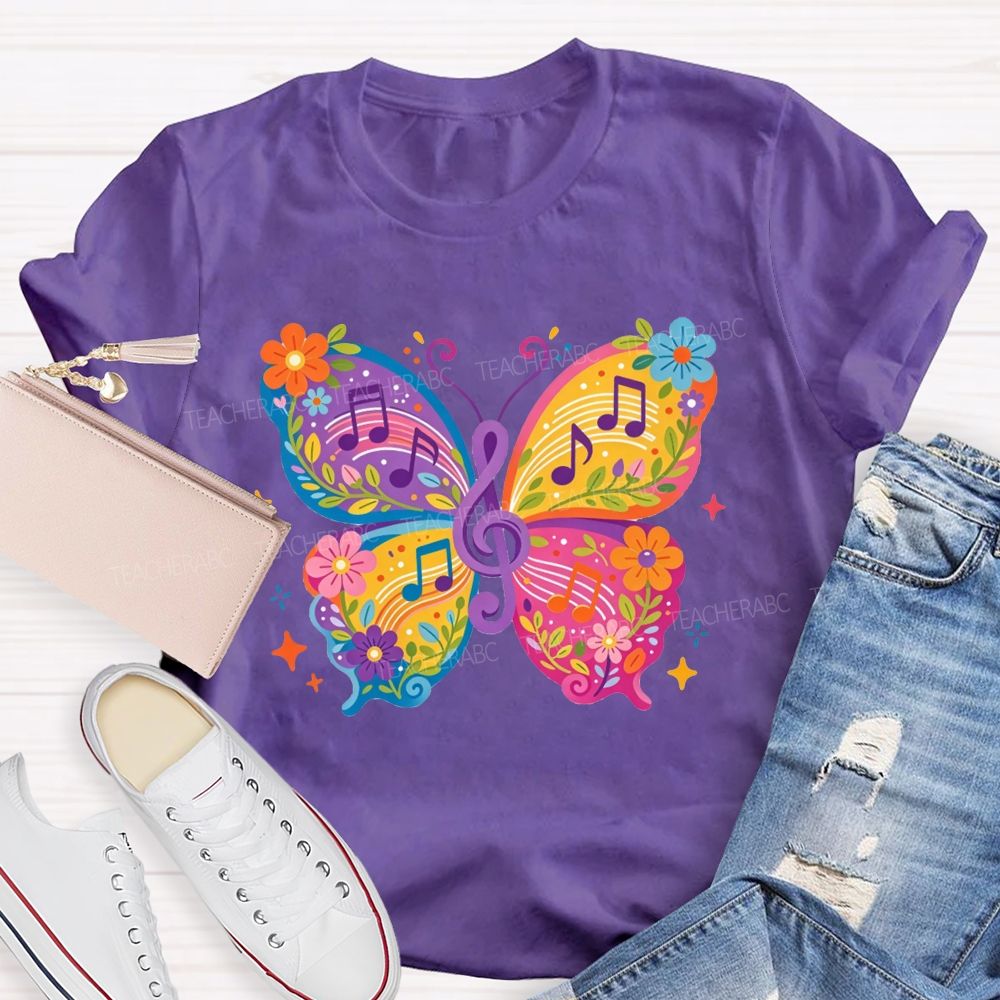 Colorful Floral Butterfly With Music Notes Graphic Music Teacher T-shirt