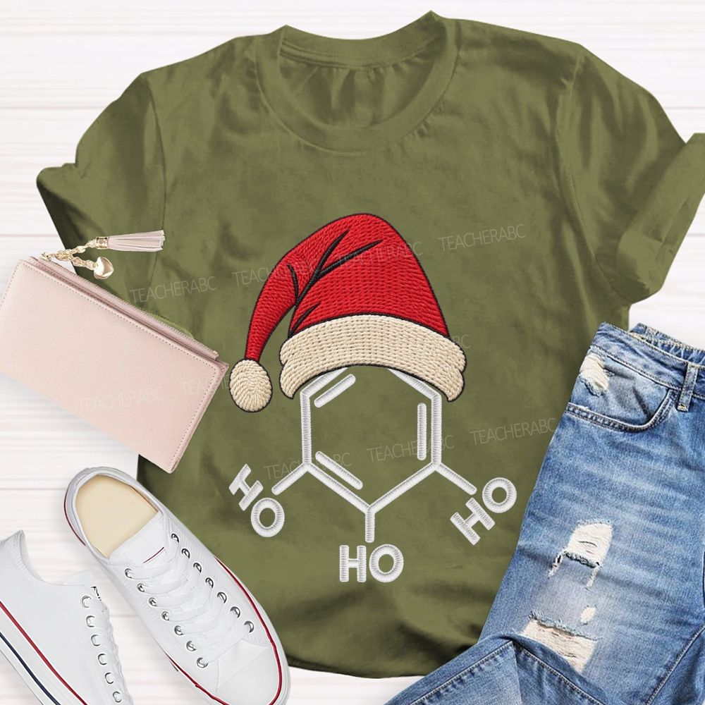 Ho Ho Ho Molecule Christmas Embroidered Look Science Teacher T-shirt