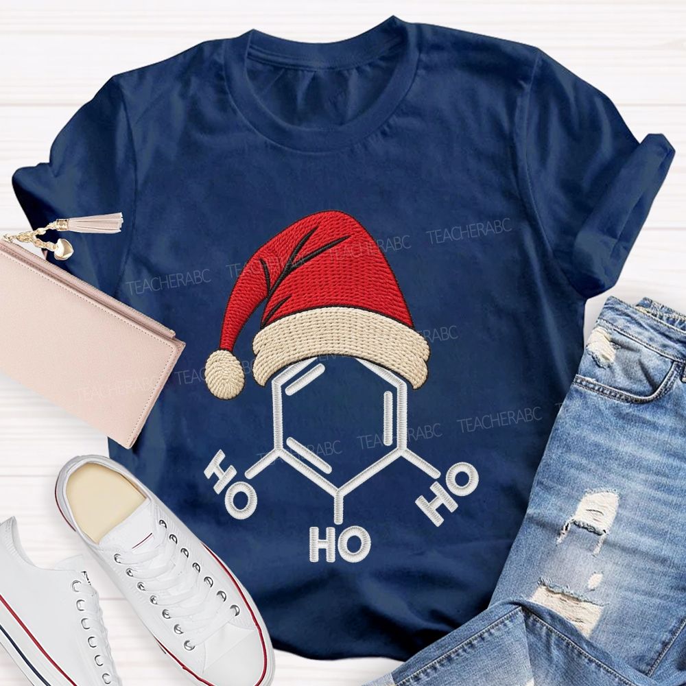 Ho Ho Ho Molecule Christmas Embroidered Look Science Teacher T-shirt