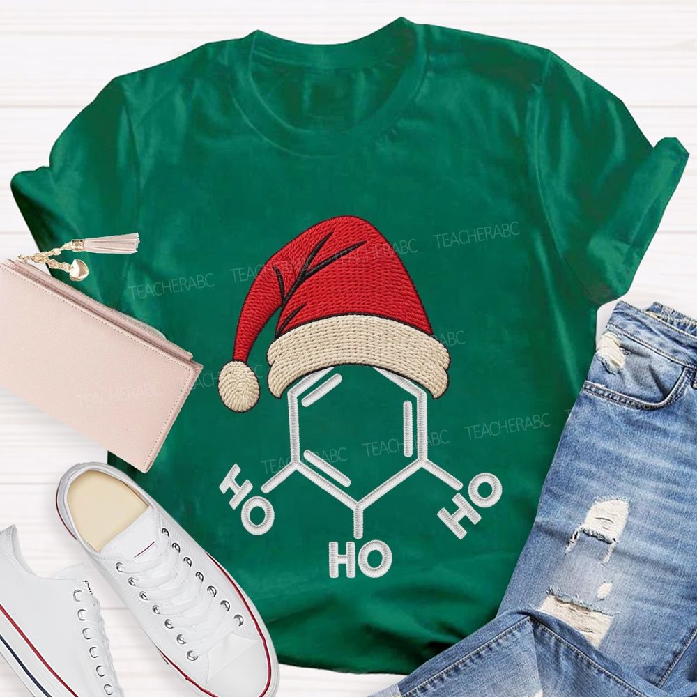 Ho Ho Ho Molecule Christmas Embroidered Look Science Teacher T-shirt